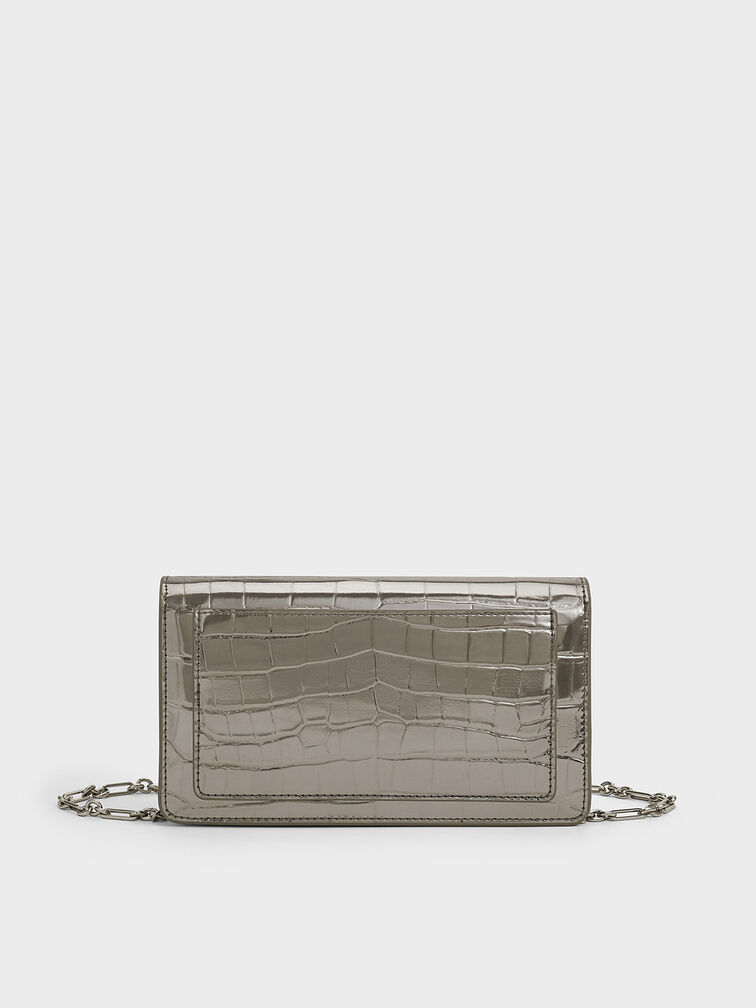 Samantha Metallic Croc-Effect Chain-Embellished Crossbody Bag, Pewter, hi-res