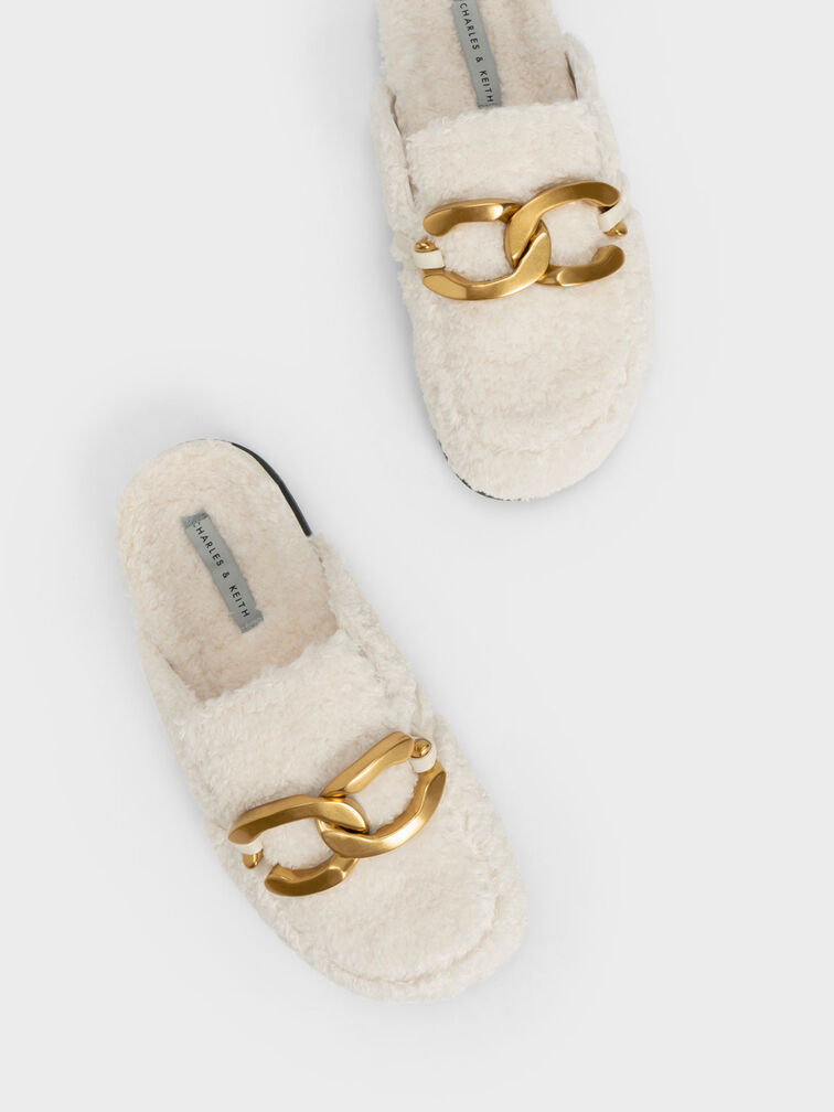 Metallic Accent Furry Loafer Mules, Chalk, hi-res