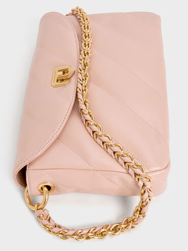 Fawn Panelled Front Flap Chain-Handle Bag, Light Pink, hi-res