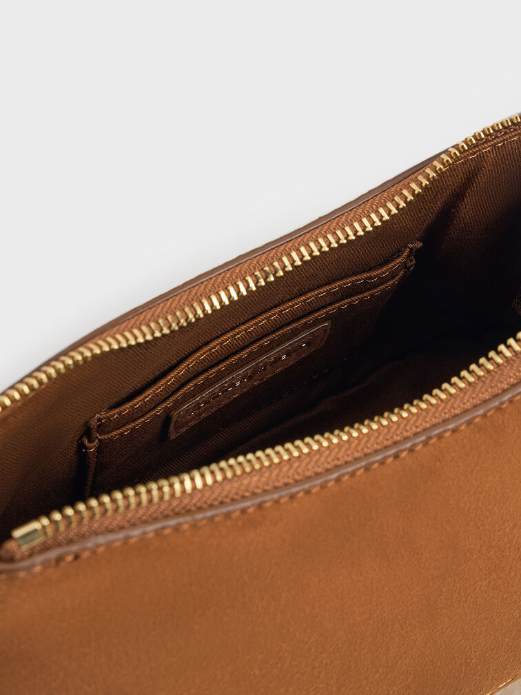 Robyn Faux Suede Fur-Trim Elongated Chain-Handle Bag, Brown, hi-res