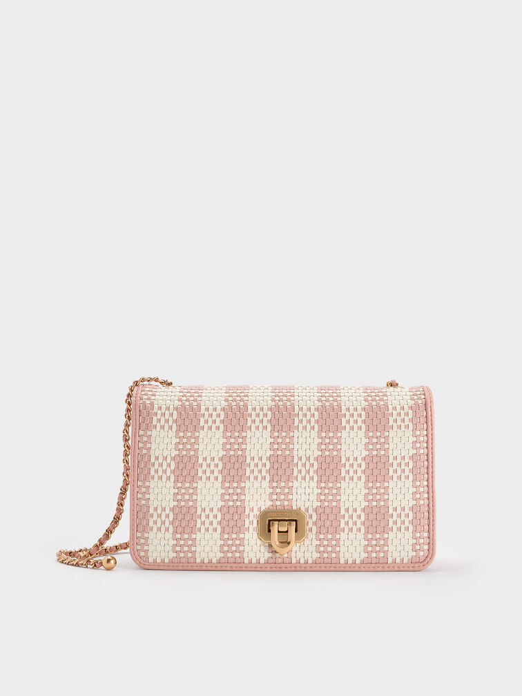 Alessia Checkered Pearl-Embellished Wallet on Chain, Light Pink, hi-res