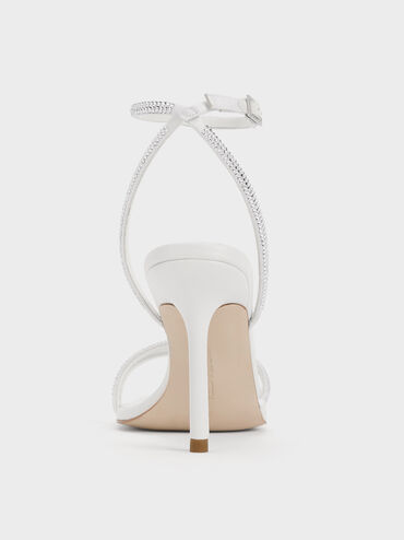 Satin Crystal Stiletto Sandals, White, hi-res