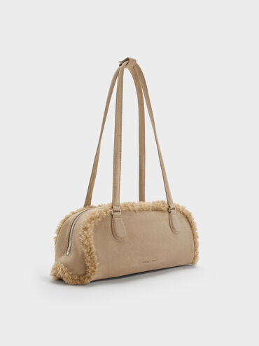 Nelly Recycled Suede & Faux Shearling Elongated Shoulder Bag, Nutmeg Beige, hi-res