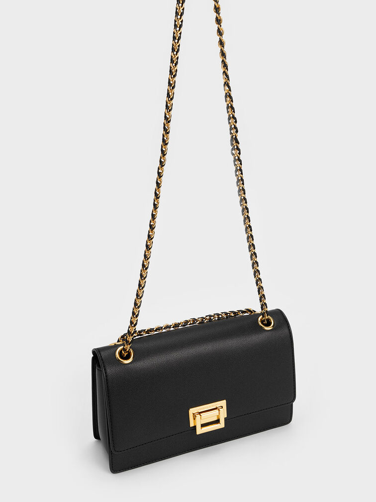 Metallic Accent Front Flap Bag, Black, hi-res
