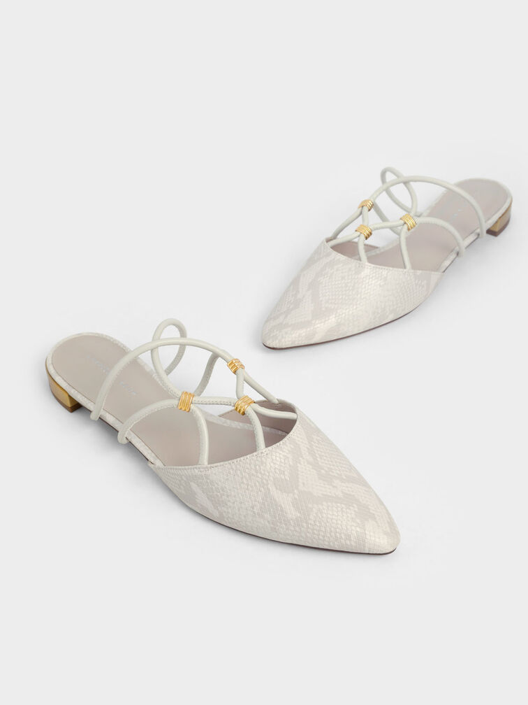 Snake-Print Strappy Flat Mules, Animal Print White, hi-res