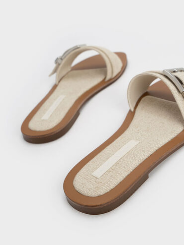 Linen Metallic Buckle Slides, Beige, hi-res