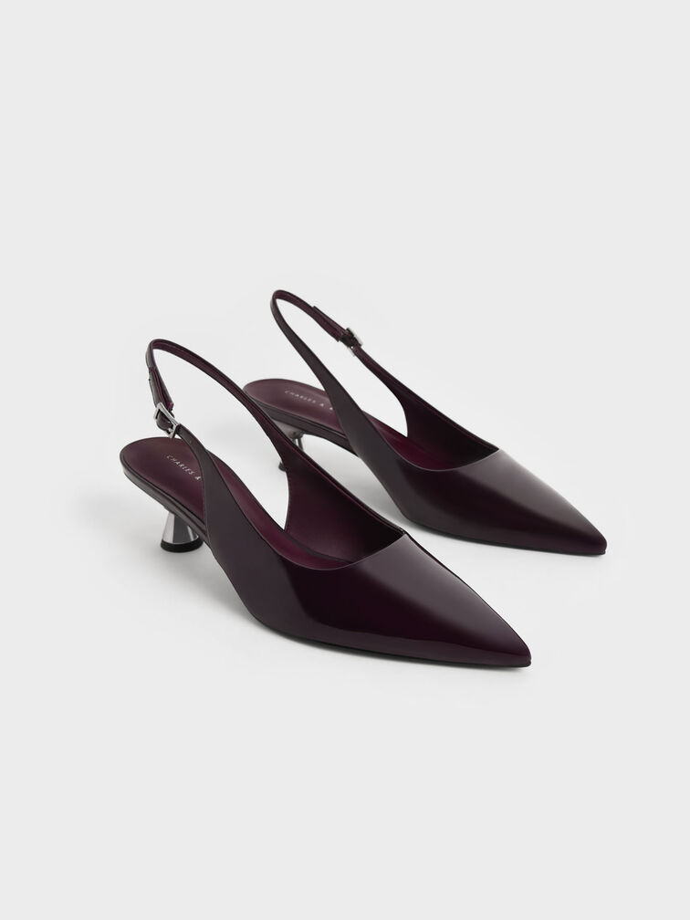 Patent Spool Heel Slingback Pumps, Maroon, hi-res