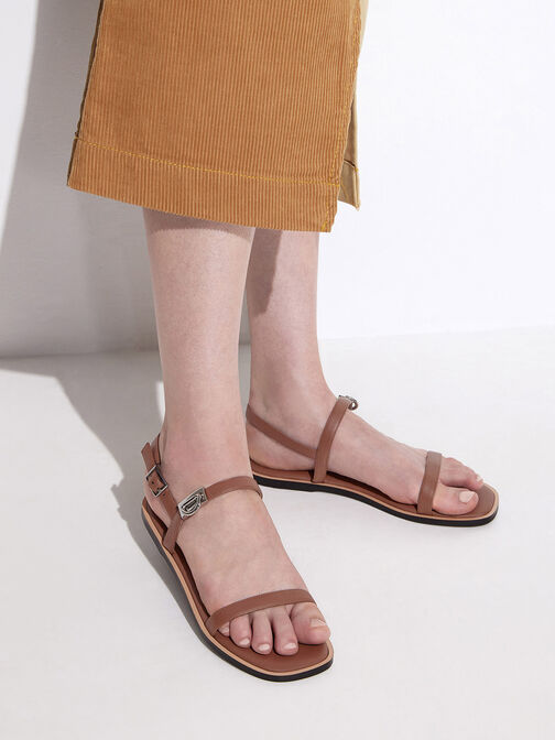 Double Metallic Buckle Sandals, Brown, hi-res