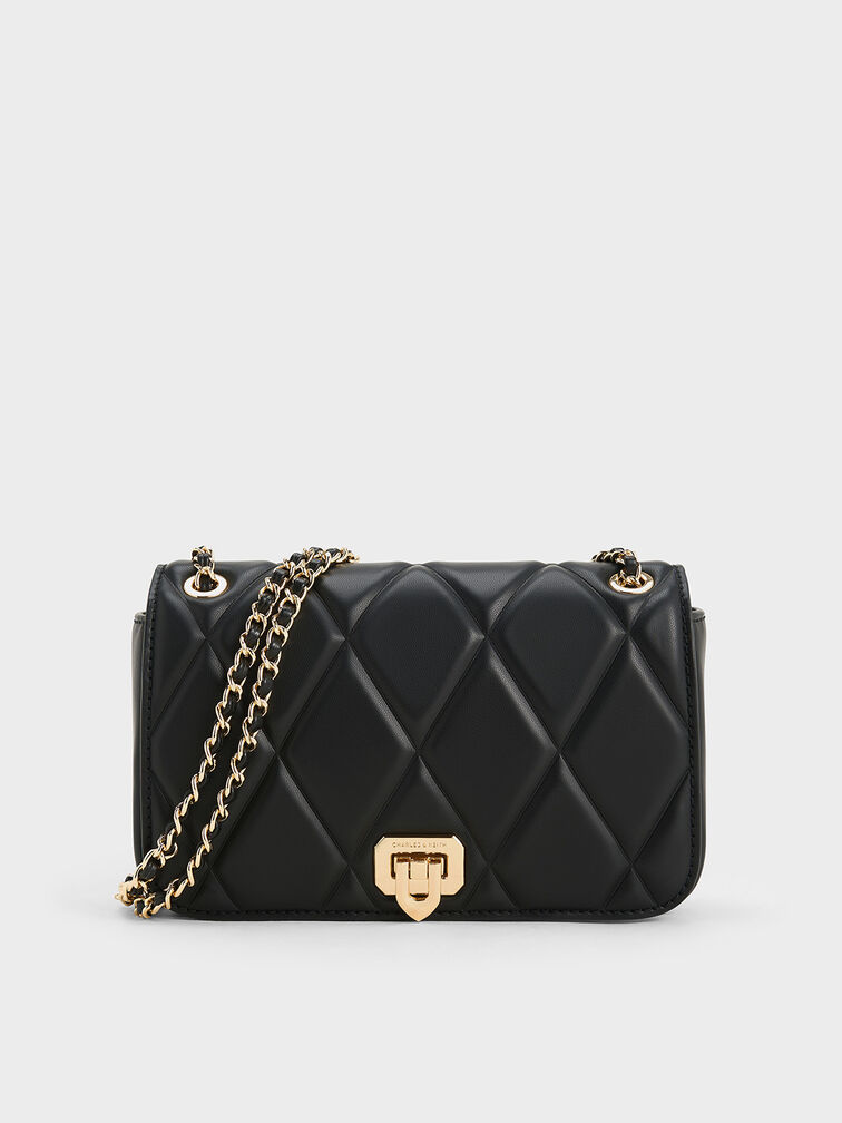 Arwen Diamond-Quilt Shoulder Bag, Black, hi-res