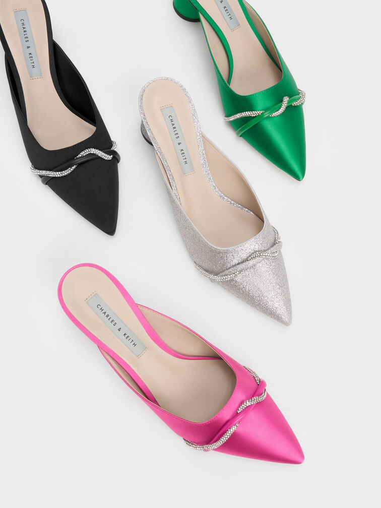 Twist Detail Satin Mules, Black, hi-res