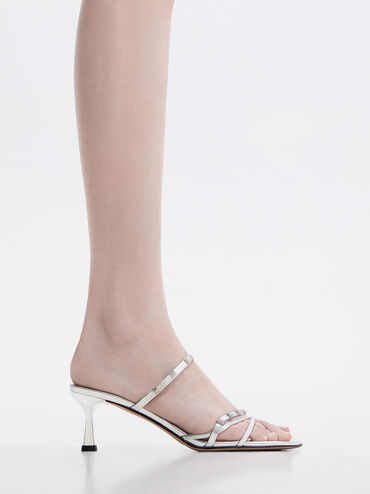Square Crystal-Embellished Metallic Leather Heeled Mules, Silver, hi-res