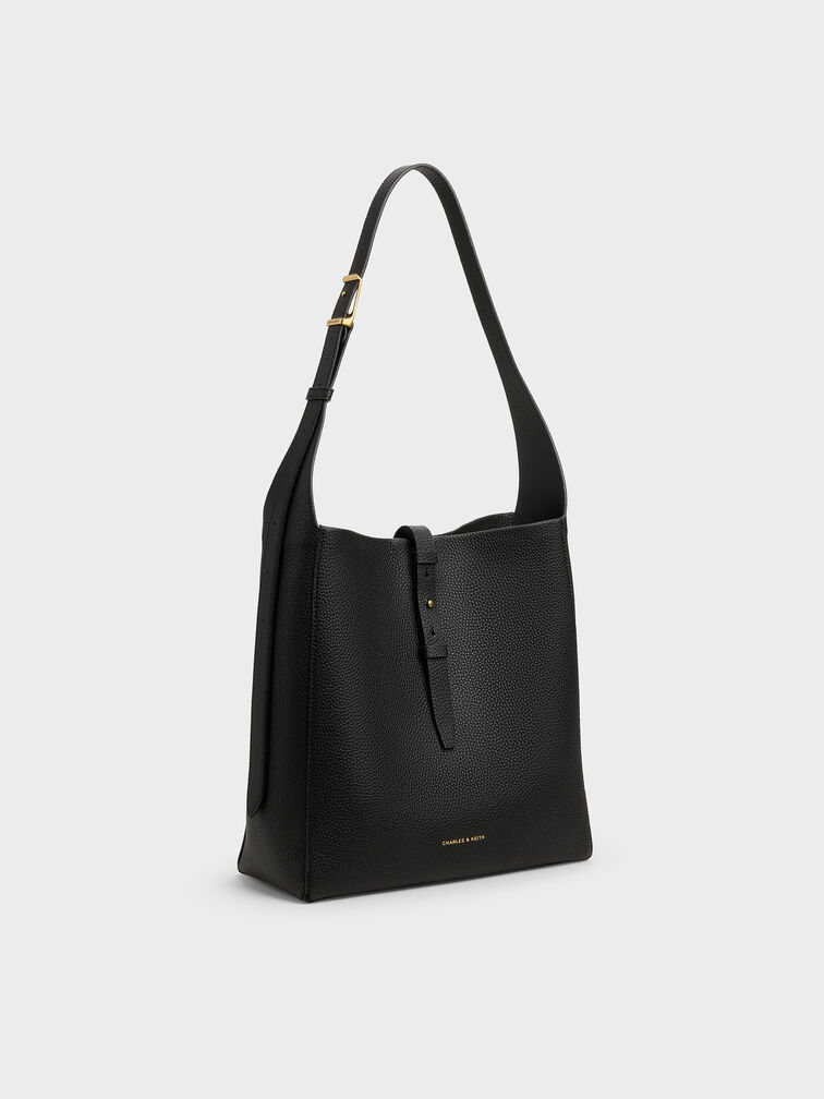 Beryl Recycled Leather Belted Hobo Bag, Black, hi-res