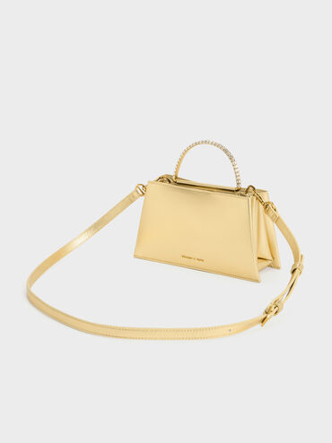 Metallic Leather Gem-Embellished Top Handle Bag, Gold, hi-res