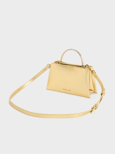 Metallic Leather Gem-Embellished Top Handle Bag, Gold, hi-res