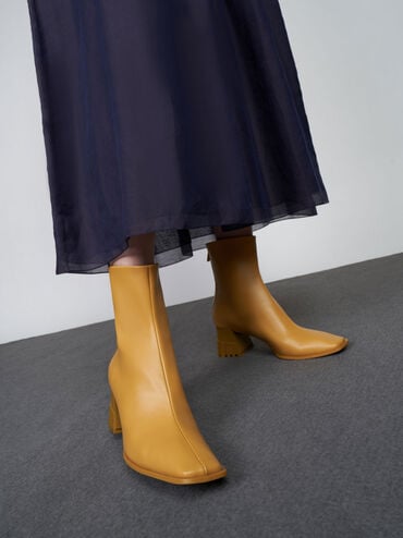 Zip-Up Block Heel Ankle Boots, Mustard, hi-res