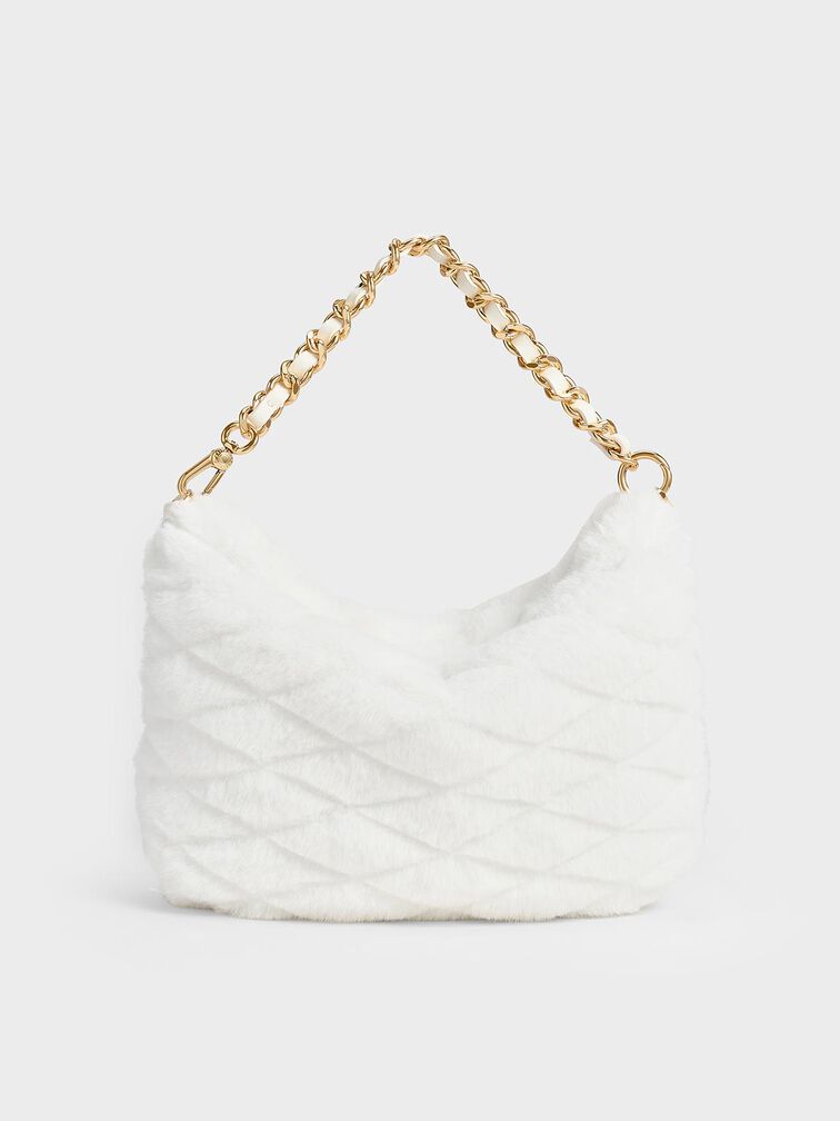 Duo Furry Quilted Crescent Bag, White, hi-res