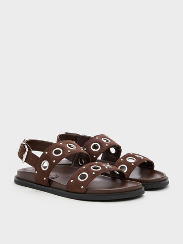 Faux Suede Grommet Crossover Slingback Sandals, Dark Brown Textured, hi-res