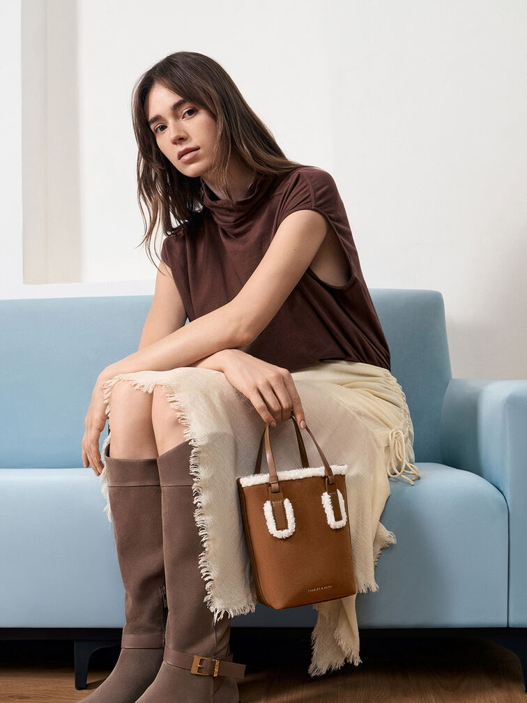 Noelle Faux Suede Fur-Trim Elongated Tote, Brown, hi-res