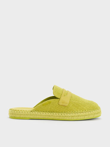 Woven Penny Loafer Backless Espadrilles, Lime, hi-res