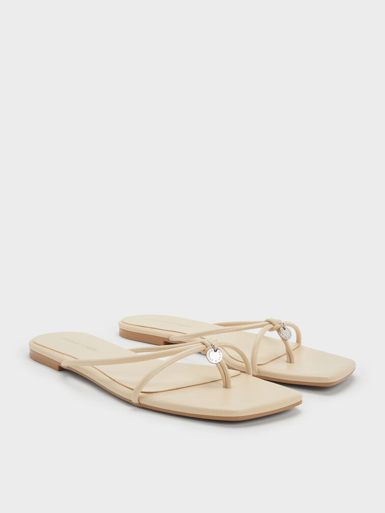 Metallic-Charm Strappy Thong Sandals, Beige, hi-res