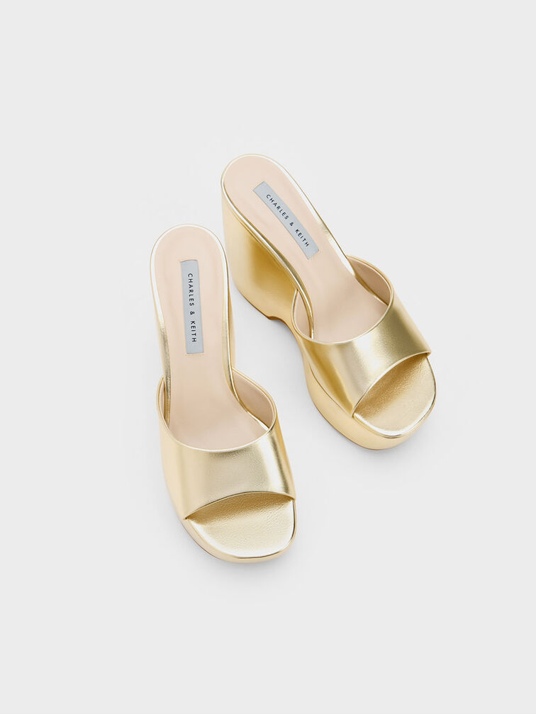 Metallic Chunky Platform Wedge Mules, Gold, hi-res