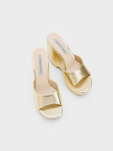 Metallic Chunky Platform Wedge Mules, Gold, hi-res