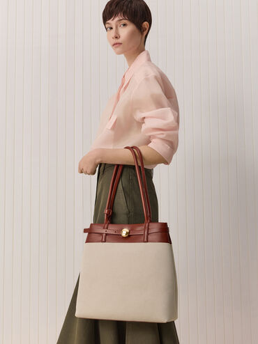 Behn Canvas Belted Tote Bag, Brick, hi-res