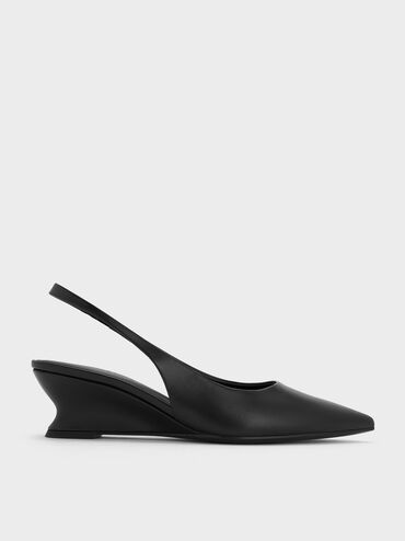 Sculptural-Heel Slingback Wedges, Black, hi-res