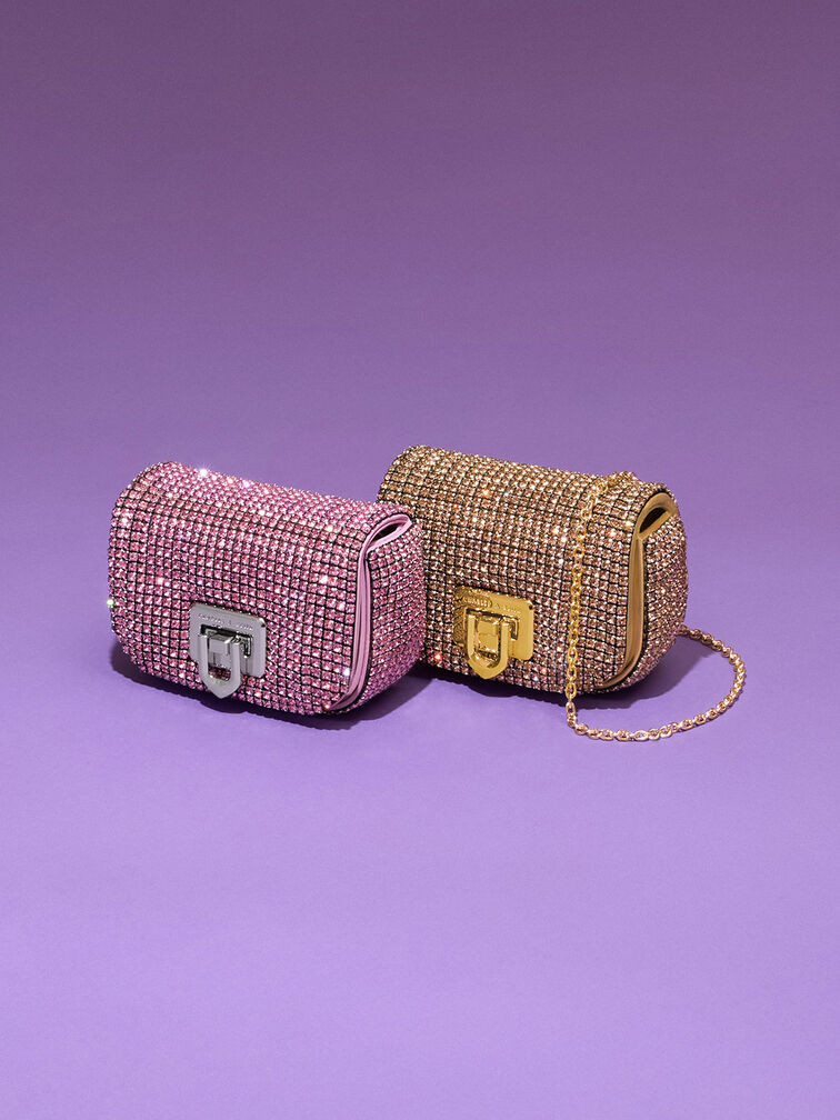 Crystal-Embellished Turn-Lock Mini Bag, Gold, hi-res