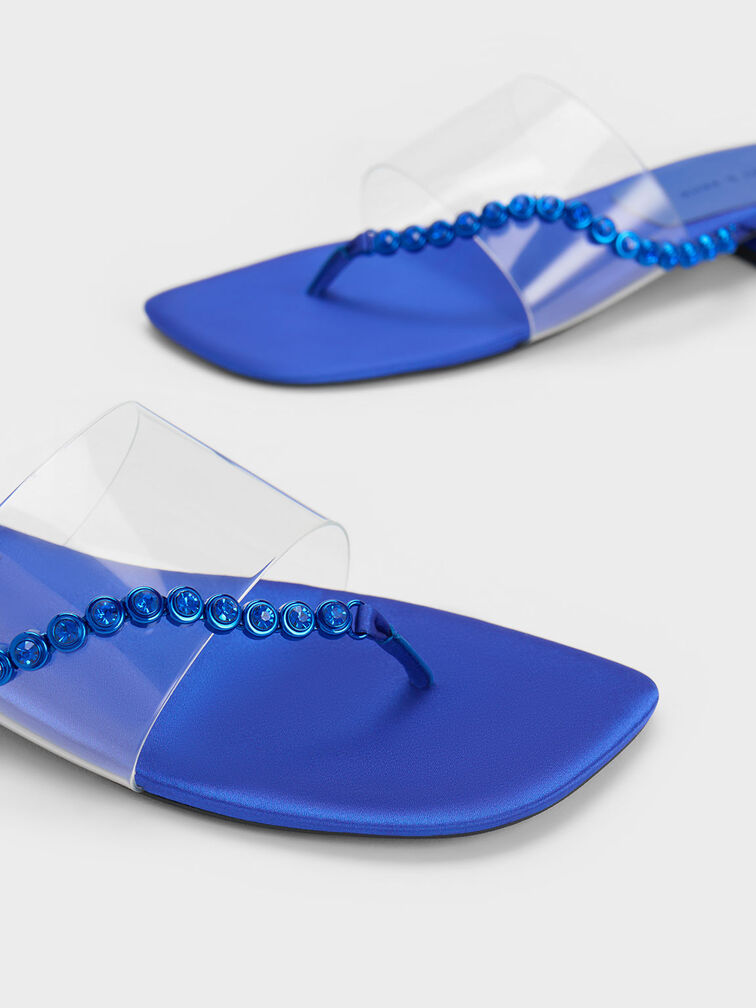 Recycled Polyester Gem-Strap Thong Sandals, Blue, hi-res