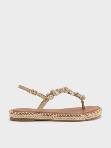 Faux Suede Flower Espadrille Thong Sandals, Sand, hi-res