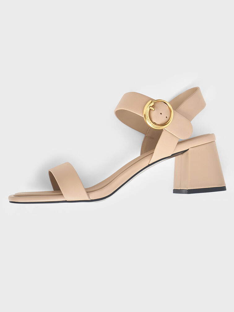Buckled Square-Toe Trapeze-Heel Sandals, Nude, hi-res
