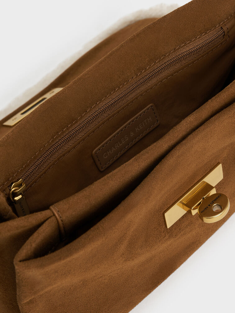 Kerry Recycled Suede & Faux Shearling Chain-Handle Crossbody Bag, Sienna Brown, hi-res