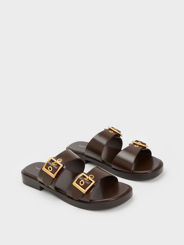 Buckled Double Strap Slide Sandals, Dark Brown, hi-res