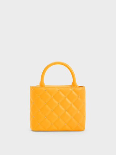 Gem-Embellished Padded Tote Bag, Orange, hi-res