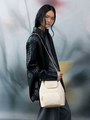 Apfra Quilted Front-Flap Bucket Bag, Cream, hi-res