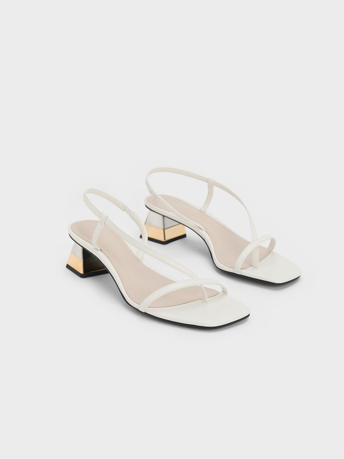 Metallic Trapeze Heel Thong Sandals White