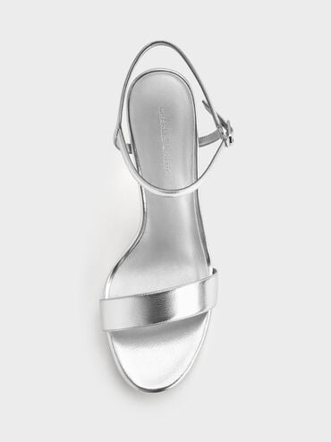 Metallic Ankle-Strap Stiletto Sandals, Silver, hi-res