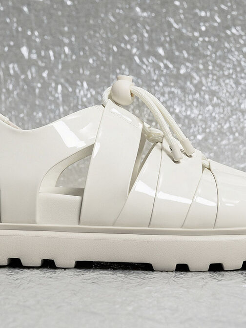 Patent Drawstring Lace-Up Sandals, White, hi-res