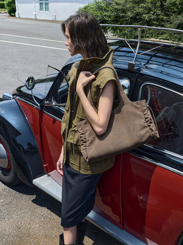 Large Quinby Ruched Tote Bag, Stone Grey, hi-res