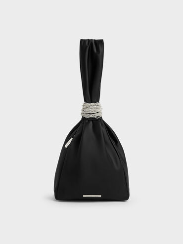 Judie Satin Crystal Wraparound-Chain Clutch, Noir, hi-res
