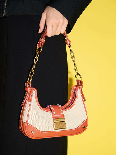 Winslet Canvas Belted Hobo Bag, Orange, hi-res