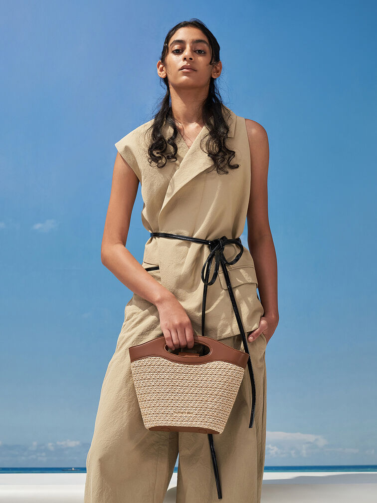 Raffia Chain-Link Curved-Handle Bucket Bag, Multi, hi-res