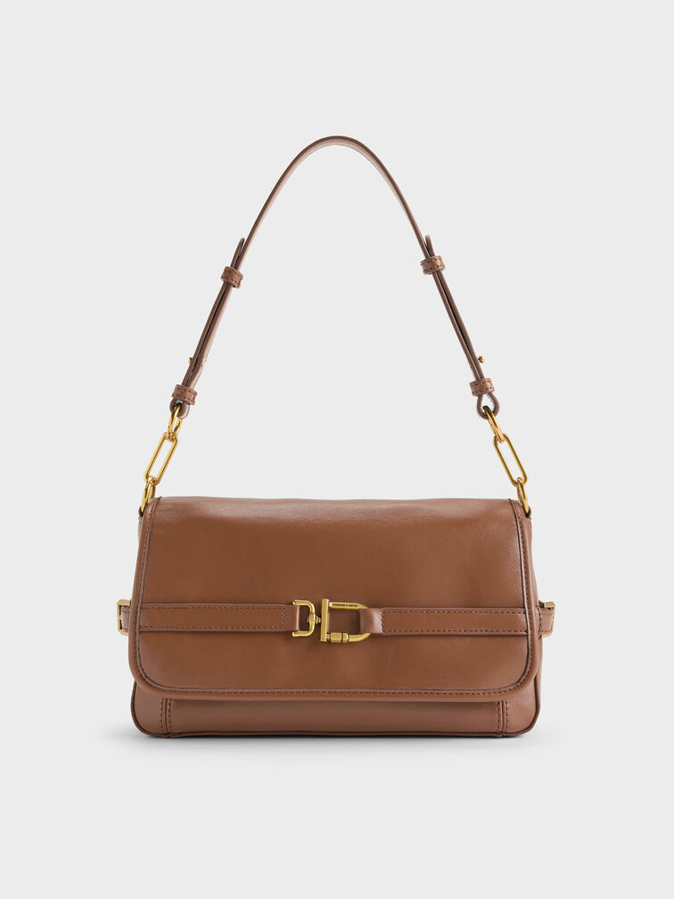 Gwynne Metallic-Buckle Belted Shoulder Bag, Chocolate, hi-res