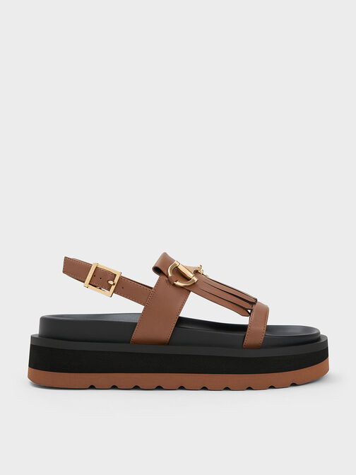 Horsebit & Fringe Platform Sandals, Brown, hi-res