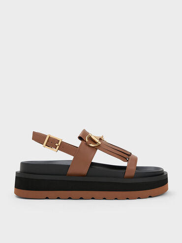 Horsebit & Fringe Platform Sandals, Brown, hi-res