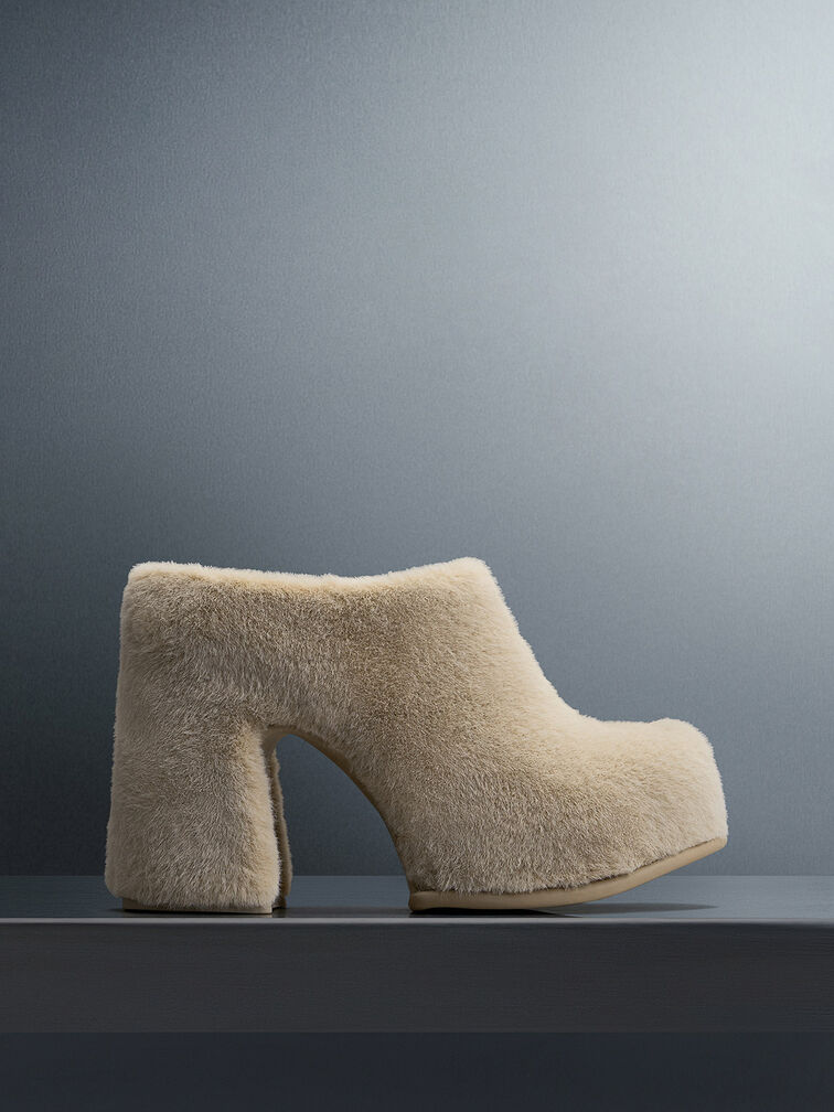 Pixie Furry Platform Mules, Beige, hi-res