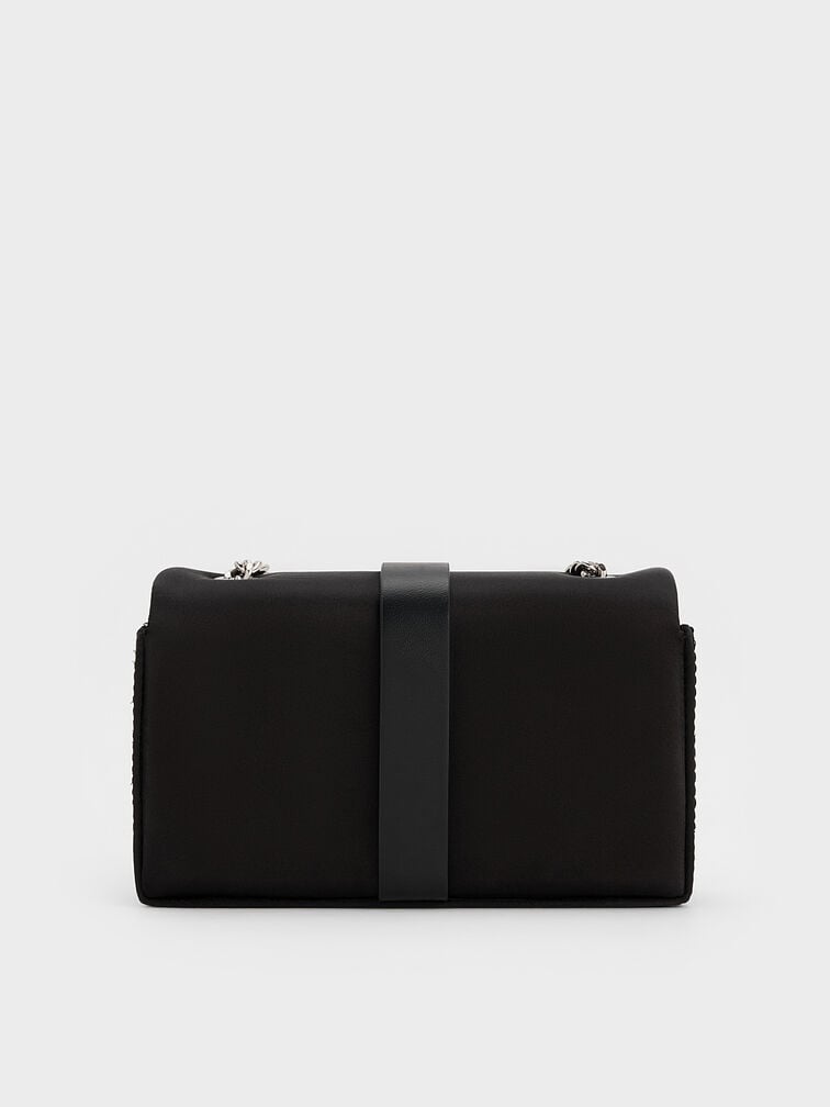 Satin Crystal-Buckle Belted Chain-Handle Bag, Noir, hi-res