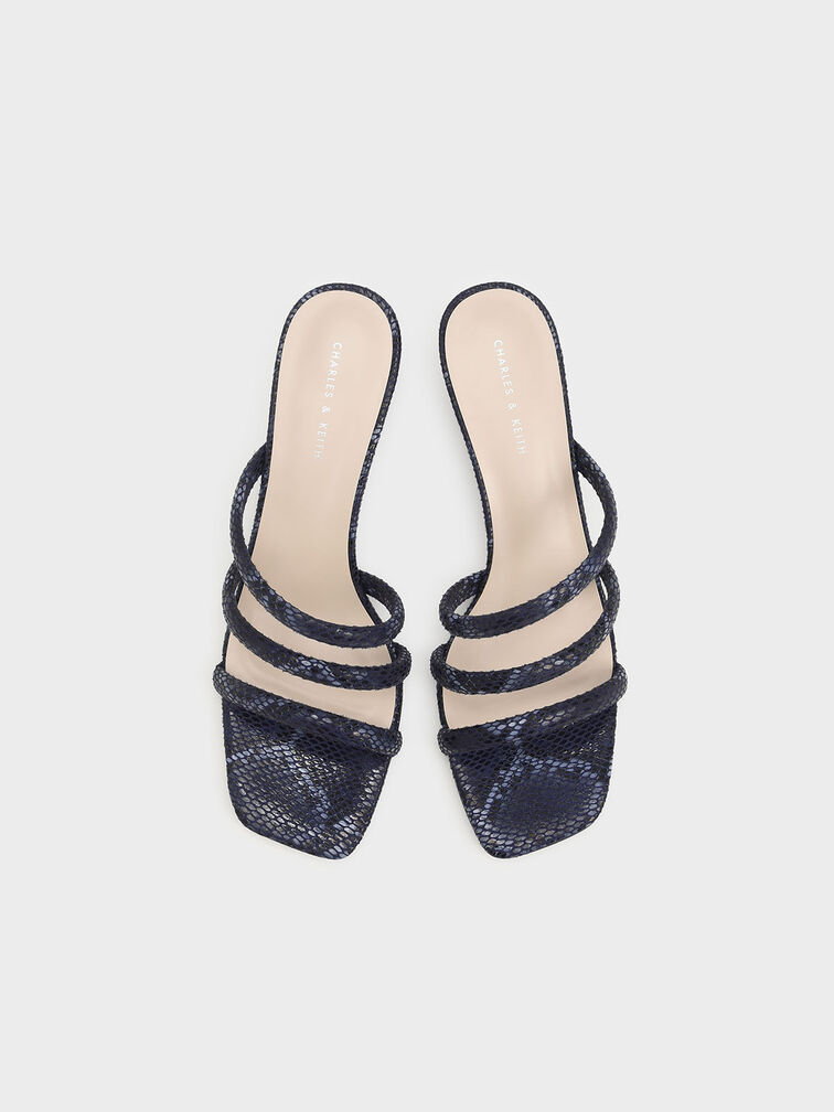 Sculptural Heel Snake Print Tubular Mules, Animal Print Blue, hi-res