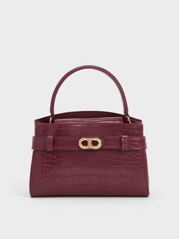 Aubrielle Croc-Effect Top Handle Bag, Burgundy, hi-res